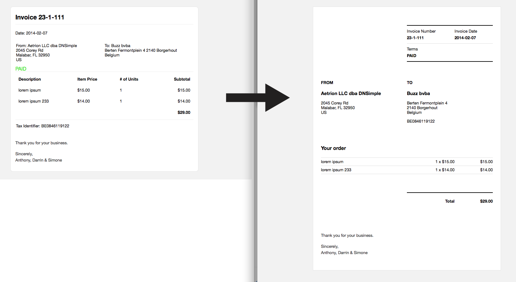 Old to new invoice mail