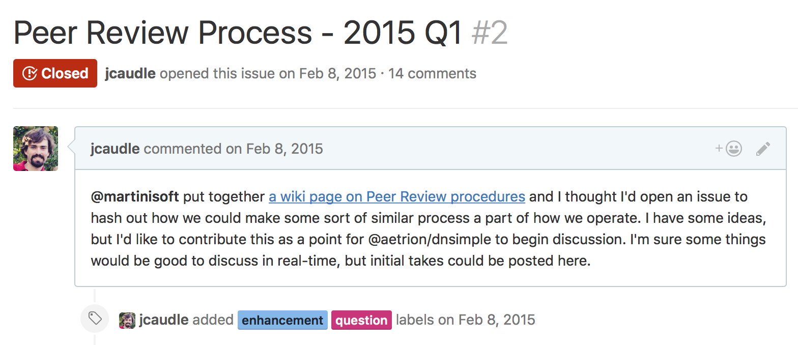 Screenshot of GitHub issue for starting the peer review system
