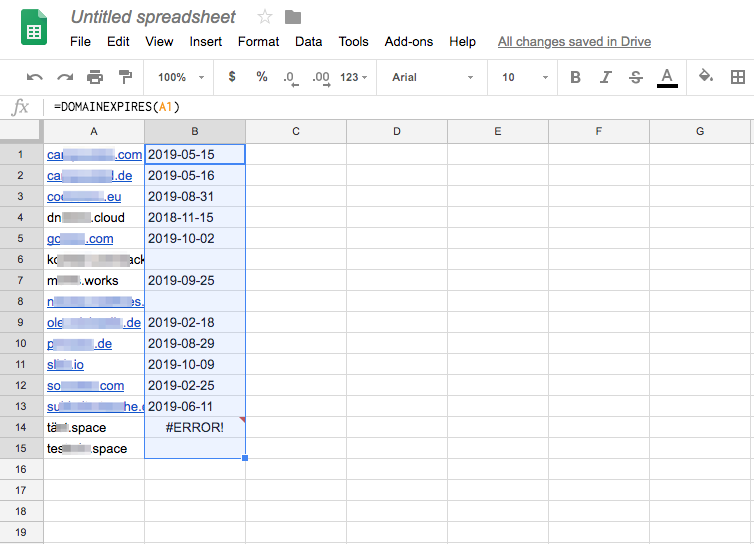 Sheet with all domains and their expiration dates