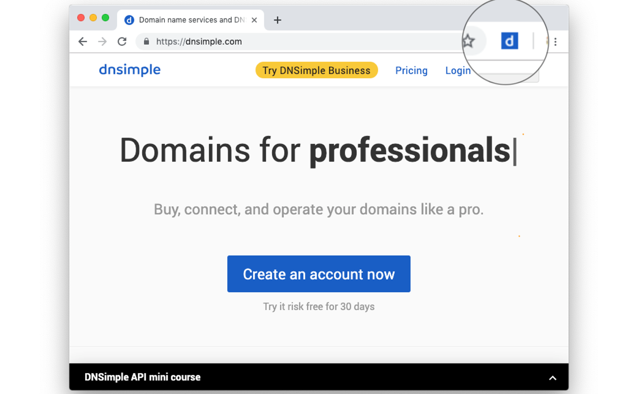 Screenshot of the is it DNSimple, eh? chrome extension in action