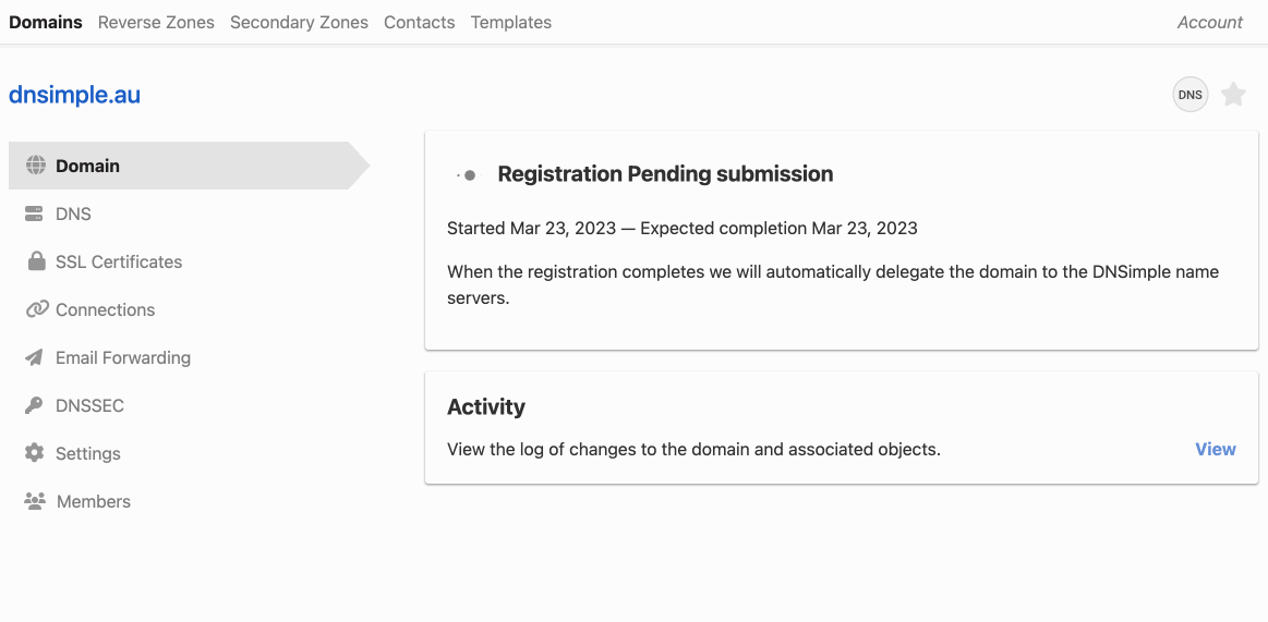 Animated example showing a loading indicator on the domain registration pending card