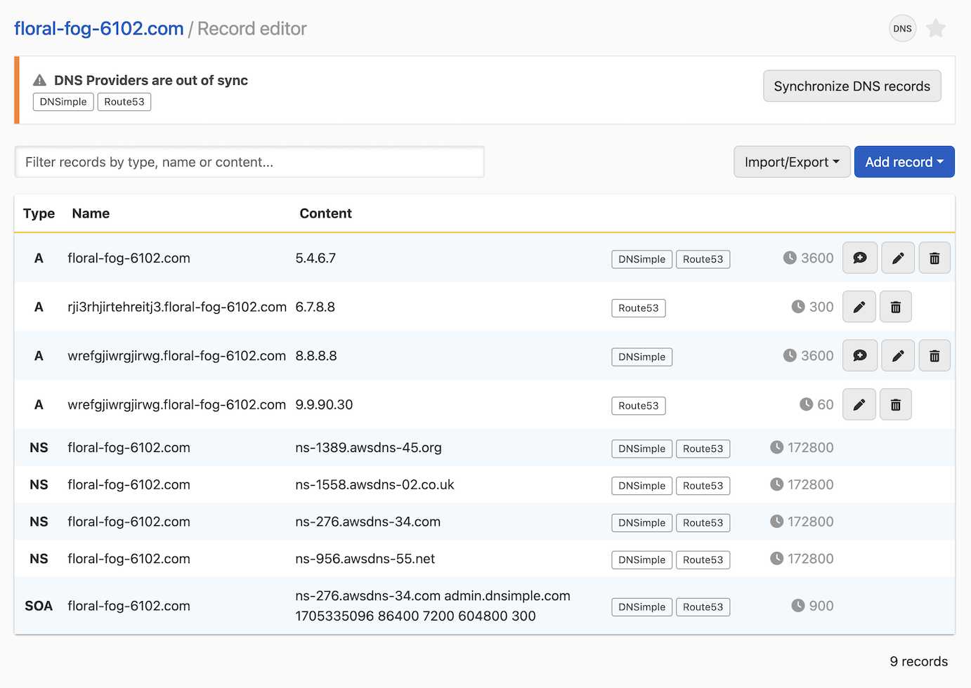 DNS record editor with an integrated provider