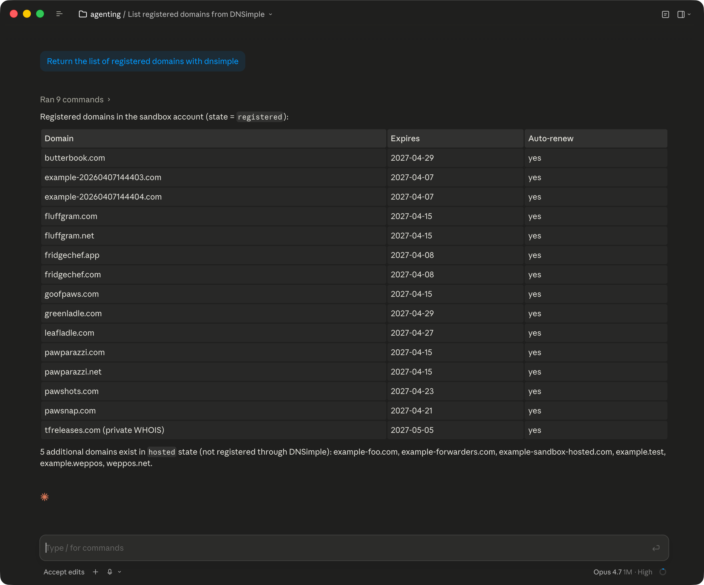 Listing registered DNSimple domains via an AI agent using the CLI