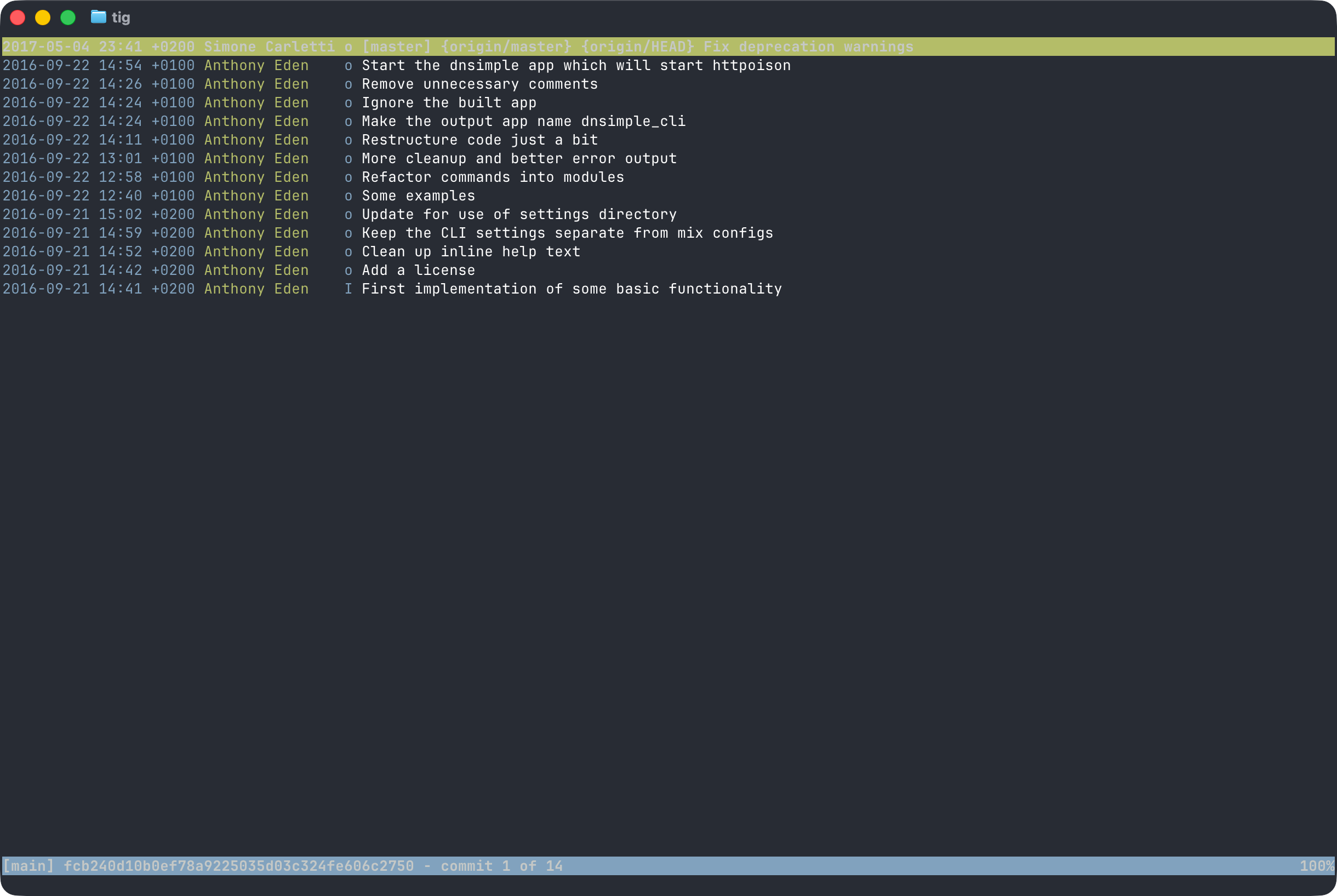 Commit history of the Elixir-based DNSimple CLI prototype
