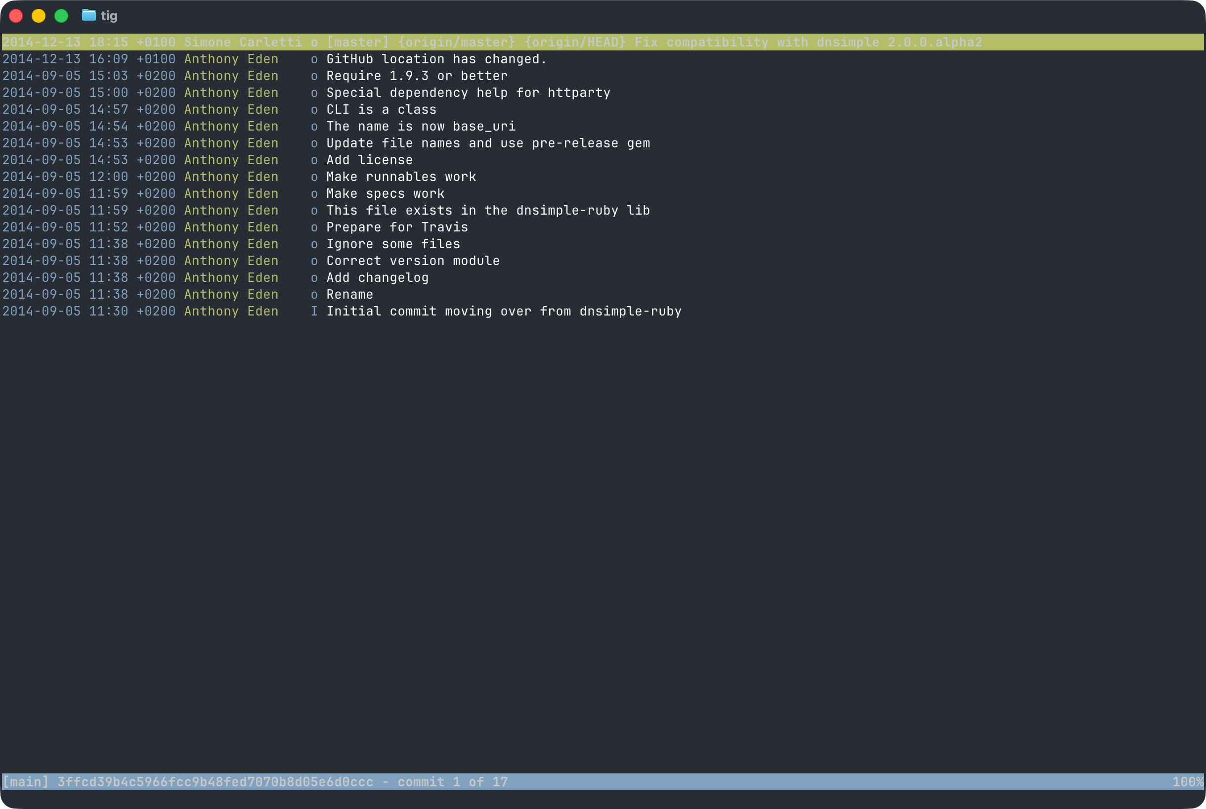 Original commits of the Ruby-based DNSimple CLI in 2014